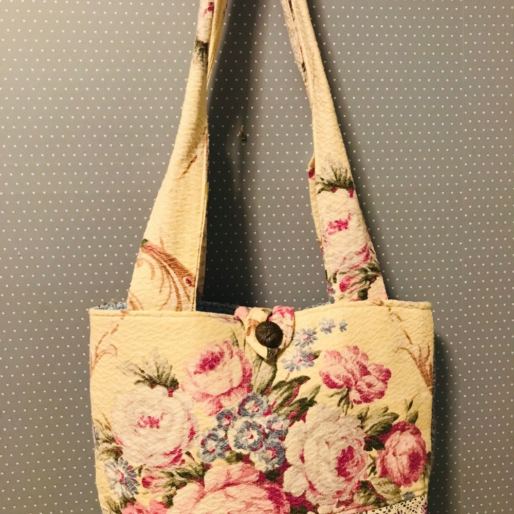 Handmade Pink Roses Barkcloth Tote Bag